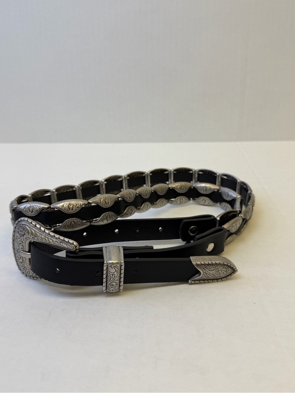 Western-Style Black Faux Leather Belt with Decorative Silver Accents-unworn
